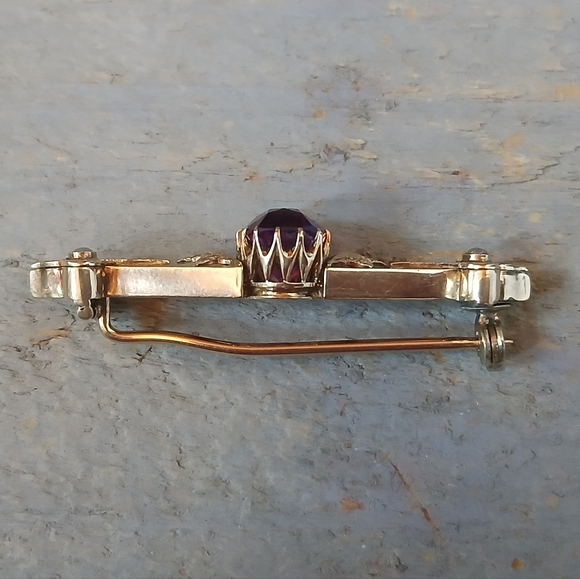 Antique Victorian 14K Yellow Gold Amethyst Bar Brooch Pin 5.7 Grams 1.8" - Picture 6 of 16